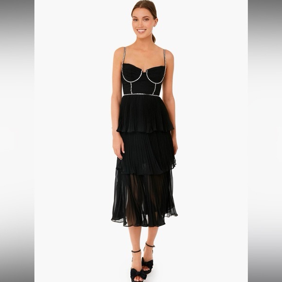 Self-Portrait Black Chiffontiered Midi Dress With Embellished Beading